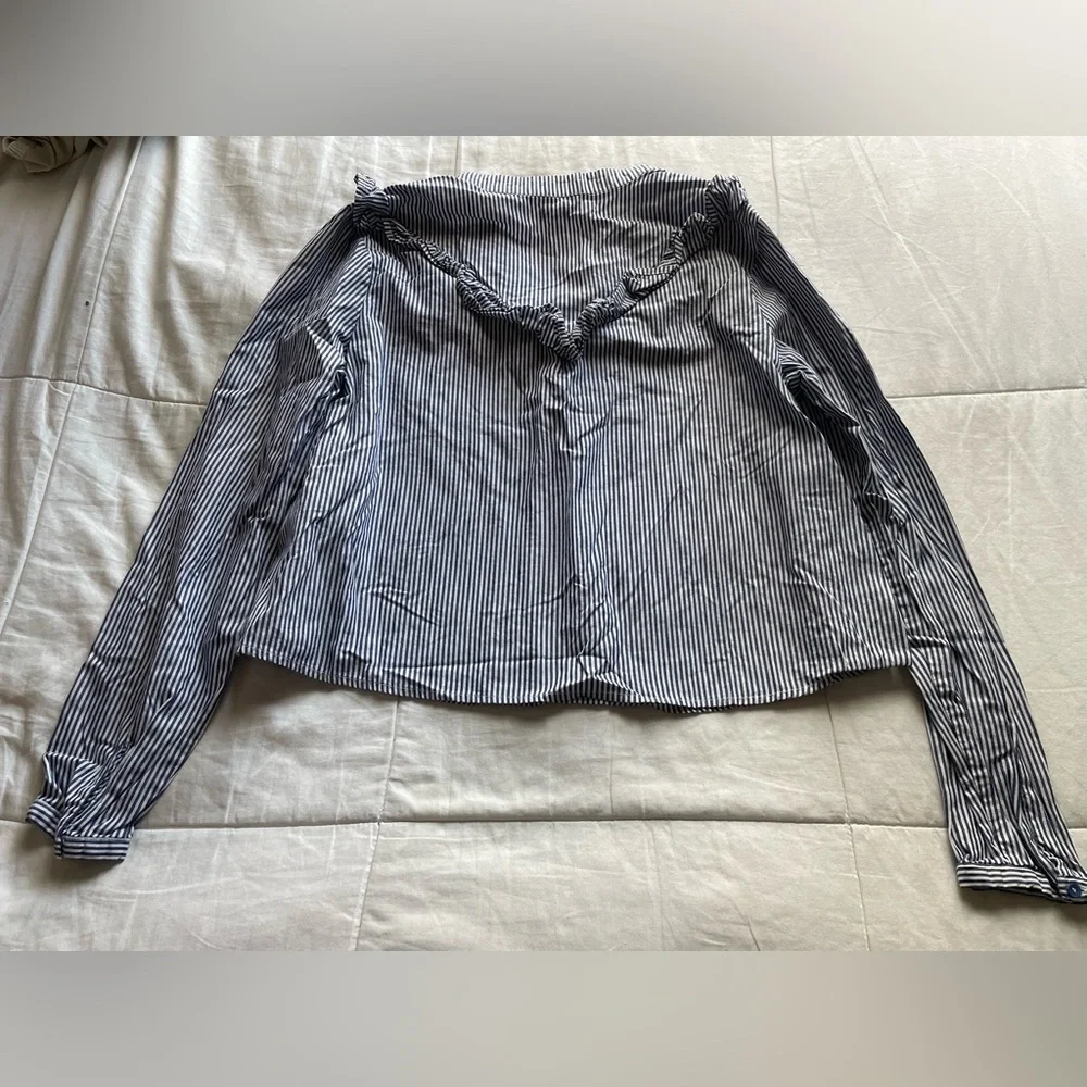 Avec Les Filles Ringo Pinstripe Ruffle Bib Blouse Medium Victorian Eduardian - Picture 3 of 8